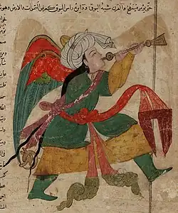 Israfel blowing nafir, early 15th century miniature.