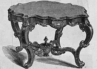 Table carved in black walnut. The legs are scrolled, the top is irregular and carved with foliage, and the stretchers join a pseudo-classical urn by J. & W. Hilton.
