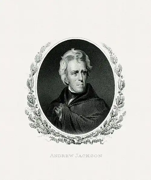 Engraved portrait of Jackson as president by the Bureau of Engraving and Printing. This portrait has appeared on the $20 bill since 1929.[331]