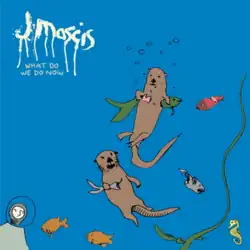 An animated scene of two otters floating underwater, with a person wearing a helmet in the bottom left corner looking on
