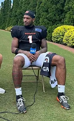 Ja'Marr Chase being interviewed by CBS Sports at Cincinnati Bengals training camp in August 2025