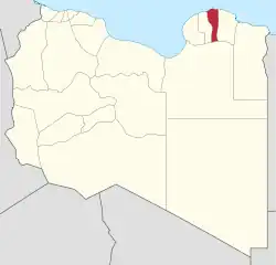 Map of Libya, with red highlighting indicating the species occurs in the northeast of the country