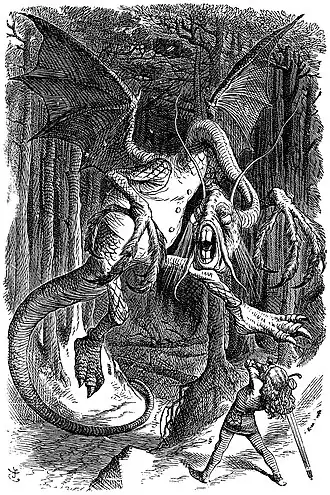 Image 7 "Jabberwocky" Illustration: John Tenniel The Jabberwock, the titular creature of Lewis Carroll's nonsense poem "Jabberwocky". First included in Carroll's novel Through the Looking-Glass (1871), the poem was illustrated by John Tenniel, who gave the creature "the leathery wings of a pterodactyl and the long scaly neck and tail of a sauropod". "Jabberwocky" is considered one of the greatest nonsense poems written in English, and has contributed such nonsense words and neologisms as galumphing and chortle to the English lexicon. More selected pictures