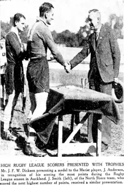 John Anderson and Jack Smith receiving trophies for their point scoring feats