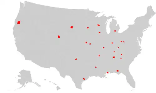 Map of the United States with counties named Jackson in red