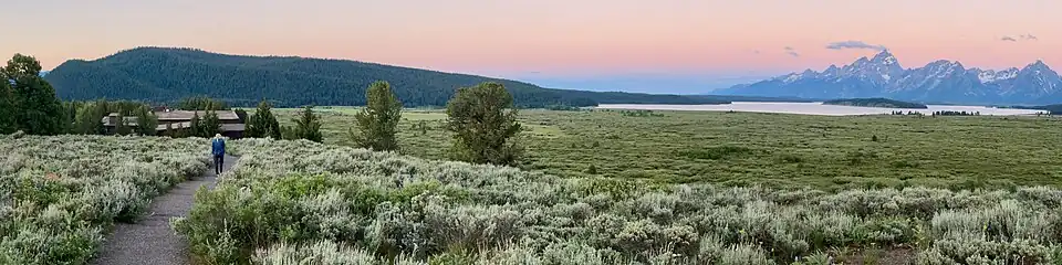 Jackson Lake Lodge at dawn. View of Willow Flats, Jackson Lake, and the Teton Range