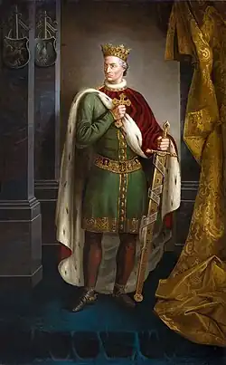 Portrait of Jagiełło holding a cross and sword, by Michał Godlewski, 1863.