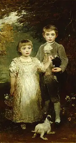 Painting of Arthur Agar-Robartes (to the right) and his younger sister Edith as children. Both face forward. Edith is holding a flower in front of Arthur.