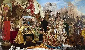 Batory at Pskov, painting by Jan Matejko, depicts the siege from the Polish–Lithuanian perspective&nbsp;– Russian nobility doing homage before the victorious Commonwealth ruler. In reality, Pskov was not taken by the Commonwealth as the Peace of Jam Zapolski was concluded before the siege ended.