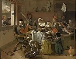 A mock-up of The Happy Family by Jan Steen (1668) with The Goldinch (outlined in white) on the window jamb to show how it might have been displayed.[b]