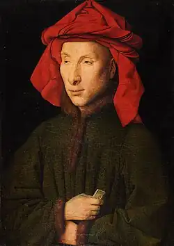 Portrait presumed to be of Giovanni Arnolfini by Jan van Eyck, c. 1438. The chaperon is worn with cornette tied on top of the head, and the patte hanging behind (style C). The bourrelet is twisted.[1]
