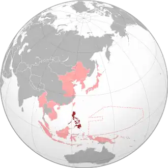 The Philippines (dark red) within the Empire of Japan (light red) at its furthest extent