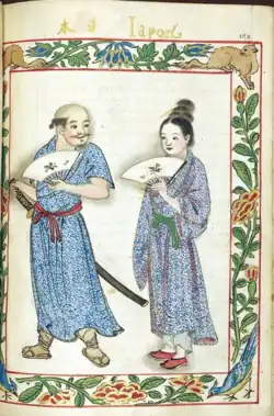 Japanese samurai couple wearing yukata with the woman's hair styled in Chinese fashion: 32