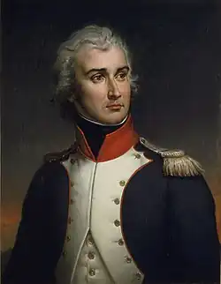 Painting shows a young man with gray hair wearing a dark blue military uniform with white lapels.