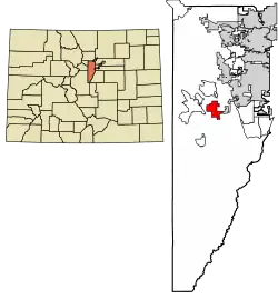 Location of the Indian Hills CDP in Jefferson County, Colorado.