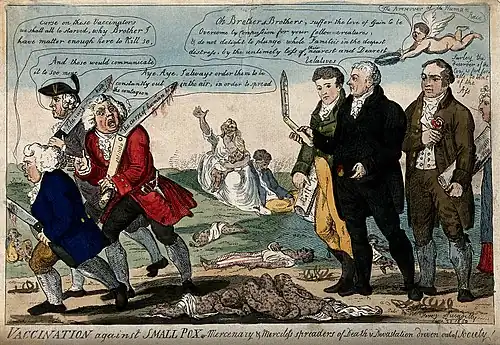 1808 cartoon showing Jenner, Thomas Dimsdale and George Rose seeing off anti-vaccination opponents