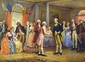 Painting of Washington shaking hands with the Marquis de Lafayette in a room full of people