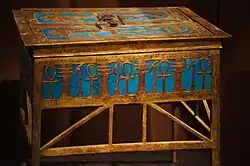 Blue enamelled and gold coffer jewellery box bearing the royal cartouche of Amenhotep III