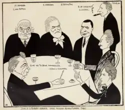 "Joel's Literary Corner; Once Mexican Revolutionary Table" The Literary Table at Joel's Bohemia (New York), ca. 1911, showing Joel Rinaldo (proprietor), Michael Monahan, Leonard Charles van Noppen, Edwin Markham, Booth Tarkington, Benjamin de Casseres, and Shaemas O'Sheel