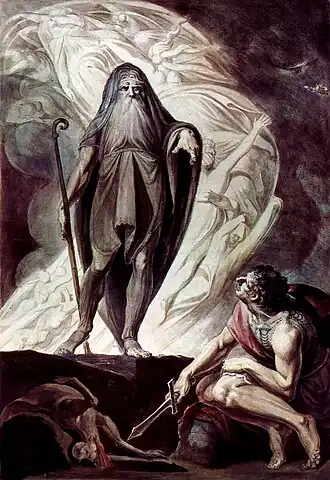 A watercolor painting showing robed figures in a dark underworld setting