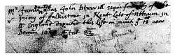 Reads: "Mr James Davids alias John Dixwell esquir formerly of the priory of Falkistone in Kent Late of N Haven in N. England departed this Life on march ye 18th anno Domini 1689 Ætat 82"