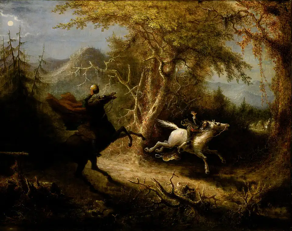 Image 8 Headless Horseman Painting: John Quidor The Headless Horseman is a mythical figure who has appeared in folklore around the world since at least the Middle Ages. Depending on the legend, the Horseman is either carrying his head, or missing it altogether, and is searching for it. Examples include the dullahan from Ireland, who is a demonic fairy usually depicted riding a horse and carrying his head under his arm; the titular knight from the English tale Gawain and the Green Knight; and "The Legend of Sleepy Hollow," a short story written in 1820 by American Washington Irving which has been adapted into several other works of literature and film including the 1999 Tim Burton movie Sleepy Hollow. This picture, titled The Headless Horseman Pursuing Ichabod Crane, is an 1858 painting by American artist John Quidor, depicting a scene from "The Legend of Sleepy Hollow". It is in the collection of the Smithsonian American Art Museum in Washington, D.C. More selected pictures