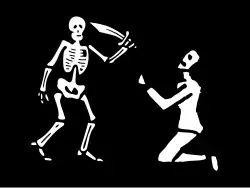 Another of Levasseur's pirate flags, described as “A black flag in which is represented a corpse which holds in one hand a saber which he holds raised, at his feet a man on his knees.”[36]