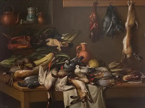 Pantry shelf, pitchers, and hunted game — various birds and hares. Kitchen Still Life with Game and Vegetables by José María Corchón; 1850–55, 140 × 187&nbsp;cm, Prado Museum.