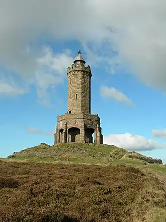 Picture of a tower in vaguely medieval style, on a hilltop