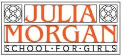 Consists of two rosettes in the upper left and right corners and reading "Julia Morgan" in orange and "School for Girls" in black all in the style of an Arts and Crafts movement stained glass