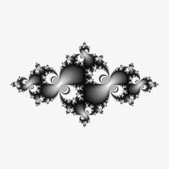 Julia set for fc(z) = z*z+c where c = -0.749998153581339 +0.001569040474910*I. Internal angle in turns is t = 0.49975027919634618290