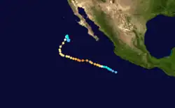 A map of the track of a hurricane off the Pacific coast of Mexico. It generally moves to the west-northwestward for most of its life, though it later curves to the north-northeast; it ends by moving erratically within a small area