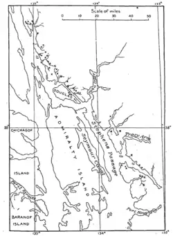 Map of principal mines, marked by an "x", in the Juneau Gold Belt