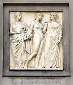 Justice, now adult, tempted, resists the pull of Wealth and raises her left arm defensively towards Fame.