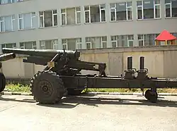 K1 howitzer (with postwar pneumatic wheels) in traveling position