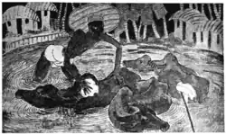 Bathing a Buffalo (എരുമയെ കുളിപ്പിക്കൽ), date unknown. Watercolour.[4]