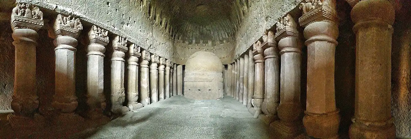 Great Chaitya hall at Kanheri in Mumbai. A slightly late imitation of the Great Chaitya at Karla Caves.[48]