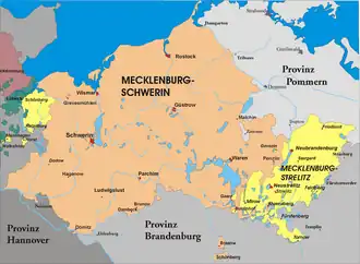 Mecklenburg, divided between Mecklenburg-Schwerin and Mecklenburg-Strelitz, from 1866 to 1934.