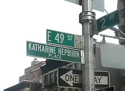 A street sign that reads "E 49 St", with another underneath it that reads "Katharine Hepburn Place".