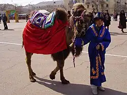 Kazakh boy wearing a national costume at the celebration of Nauryz event in Baikonur, with a camel