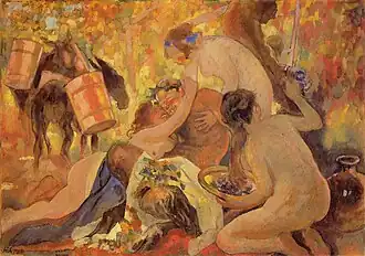 History painting: Bacchanalia; 1924, tempera on cardboard, 69 × 98&nbsp;cm, Lviv National Art Gallery.