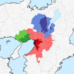 Keihanshin with Osaka (red), Kobe (green), and Kyoto (blue)
