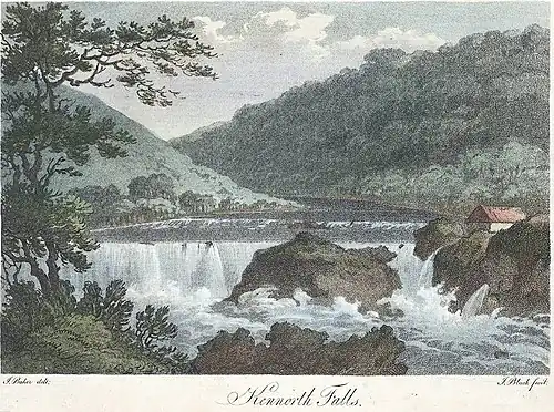 "Kennorth Falls" 18th century aquatint by James Baker, printed by J Bluck, held in collection of National Library of Wales.[8]