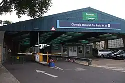 The former Motorail terminal at Kensington Olympia, in 2009. Since Motorail services here ceased, the building has been designated "Olympia Motorail Car Park P4".