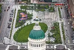Newly rebuilt Kiener Plaza seen from the Arch in 2018
