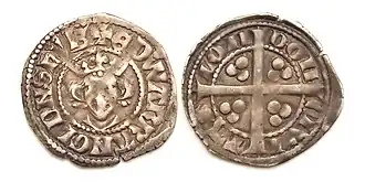 Two sides of a long cross penny coin. The left image shows its obverse, with a portrait of King Edward wearing a coronet. The right image, showing the reverse, depicts a cross.