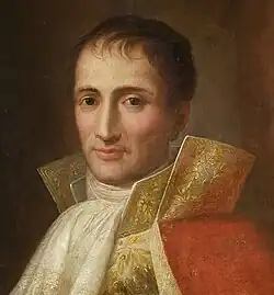 Painting of a round-eyed man in court dress with lots of gold lace. He wears a white frilled shirt front with an exaggerated high collar and a red cloak.