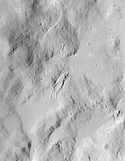 Closeup of the impact melt northeast of the crater, showing flow structures, from Apollo 16