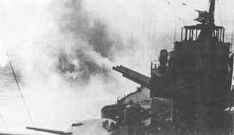 The USS Pennsylvania bombards Attu during landing operations of 11 May 1943.
