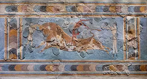 The fresco named the Bull-Leaping Fresco; 1675-1460 BC; lime plaster; height: 0.8 m, width: 1 m; from the palace at Knossos (Crete); Heraklion Archaeological Museum